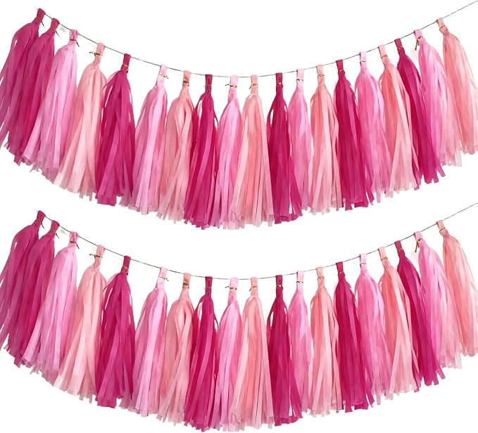 Hot Pink and Pink Tassel Garland Banner, 30 Pack Paper Tassels Streamers by SIPRKAICT