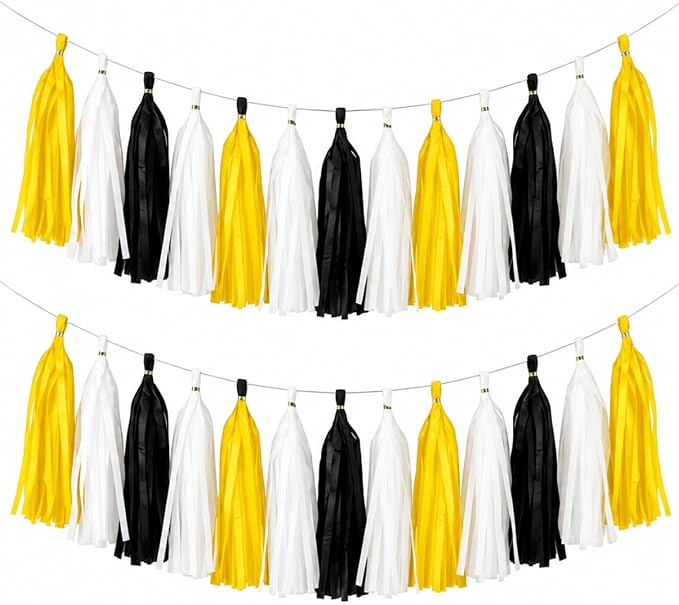 Black Yellow and White Tassel Garland Banner, 30 Pack Paper Tassels Streamers by SIPRKAICT