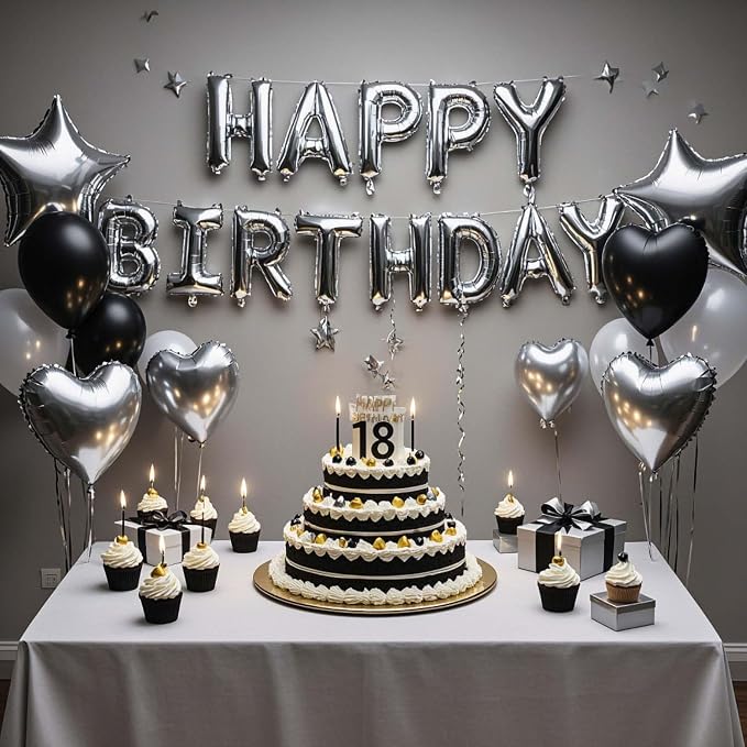 27 Pcs Silver Black Birthday Decorations, 3D Letters Silver Happy Birthday - Image 6