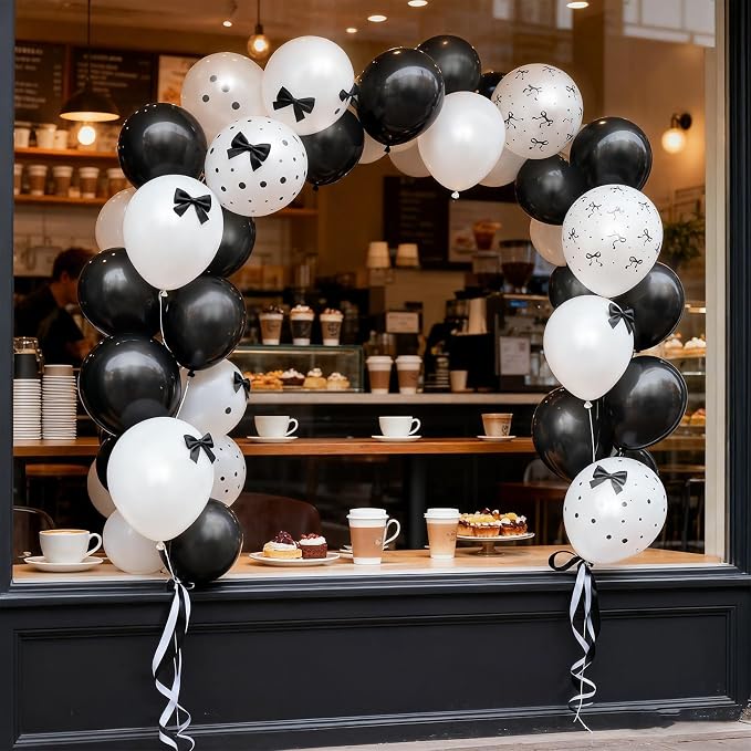 Black and White Bow Balloons, Pearl Black White Bow Print Latex Balloons - Image 7
