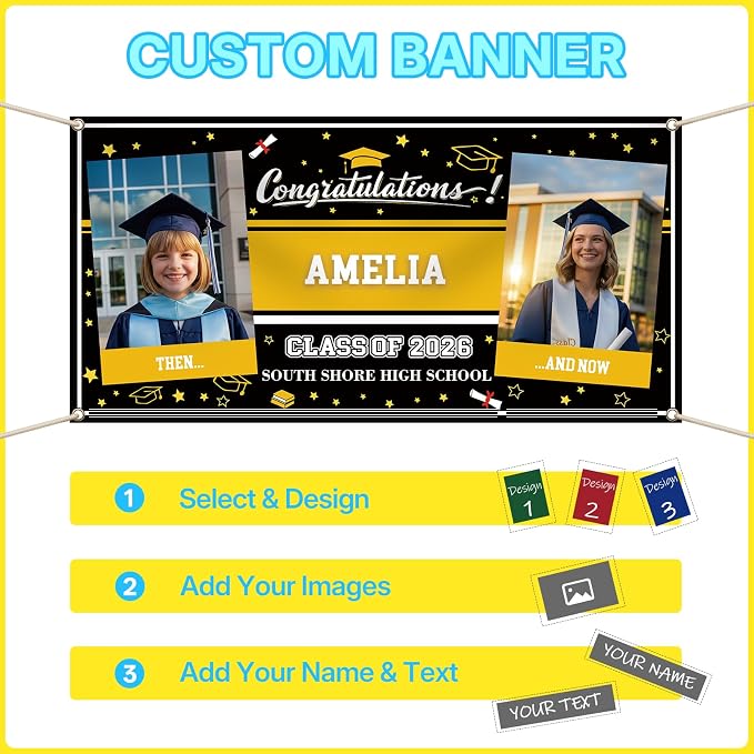 Custom Vinyl Banner, Personalized Grad Backdrop, 4 Size 2Photos | Graduation - Image 4