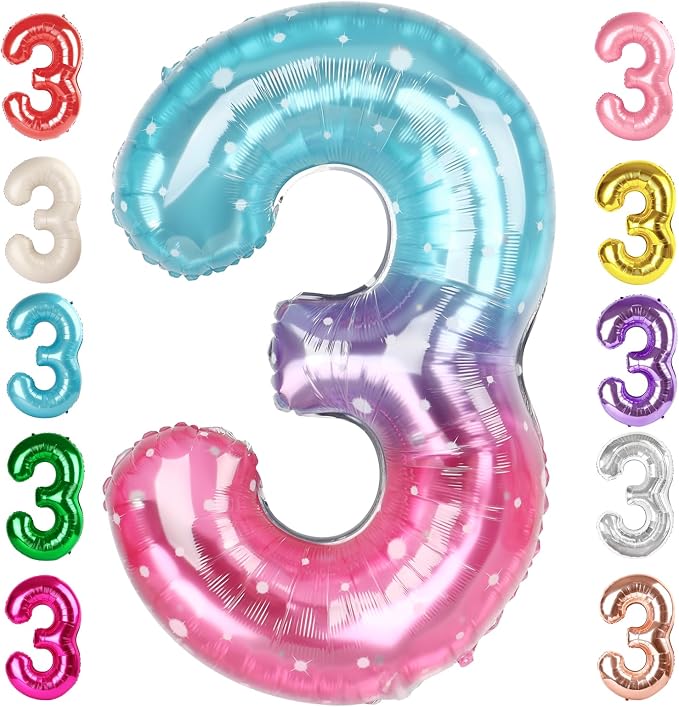 3 Balloon Numbers Birthday Decorations, 40In Pink Purple Blue Balloons | by Mluchee