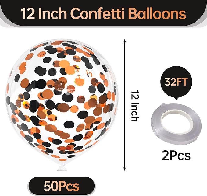 50pcs Orange and Black Foil Confetti Balloons, 12 inch Latex Balloon - Image 2