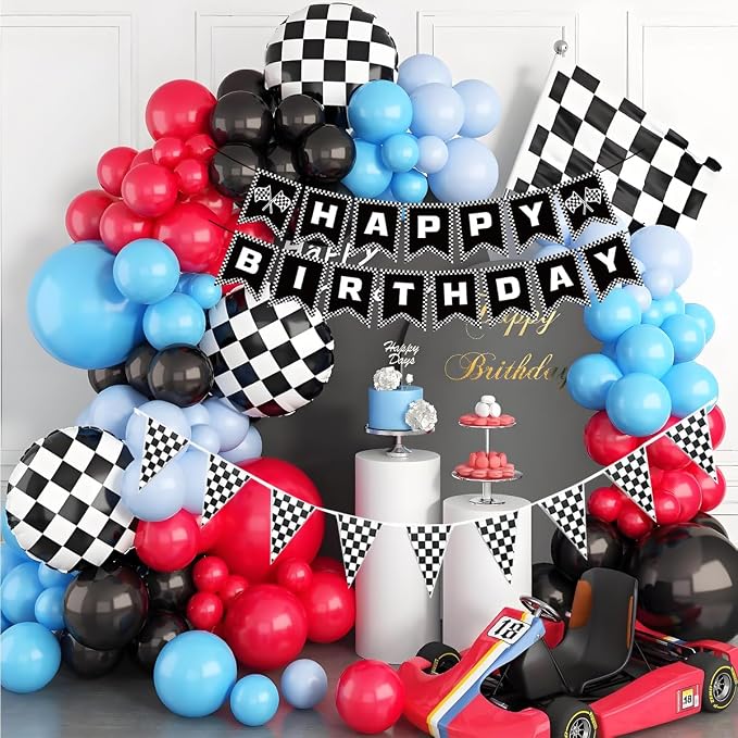 MEETINGU Black and White Checkered Flags and Race Car Happy Birthday Banner - Image 5