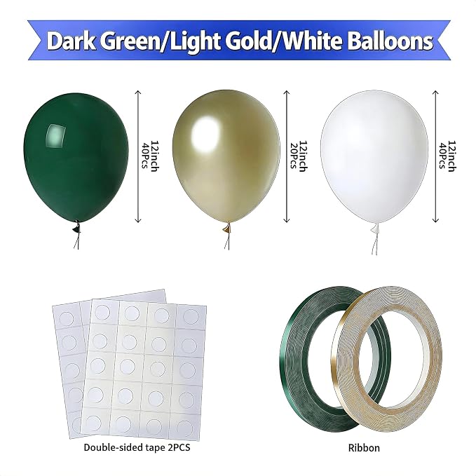 White Gold Green Balloons 100Pack 12 Inch Set Latex Party Decorations | White - Image 2
