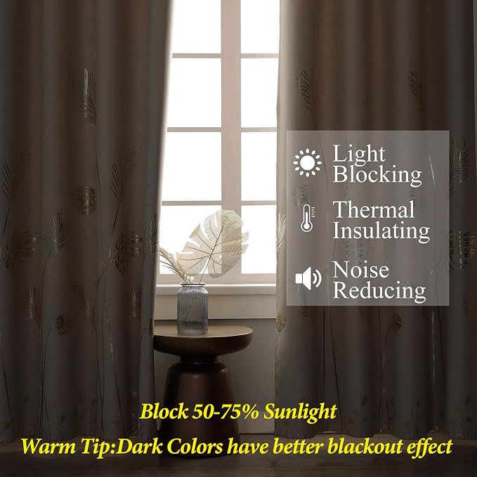Blackout Window Curtain Panels Grommet Thermal Insulated Gold Palm Tree Wheat - Image 6