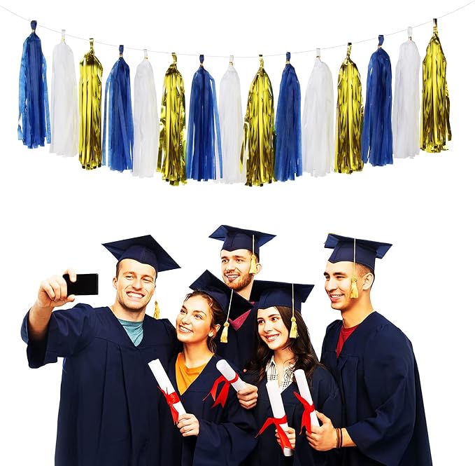 Navy-Blue White-Gold Tassel Garland Streamers- 15pcs Tissue Paper Tassels - Image 2