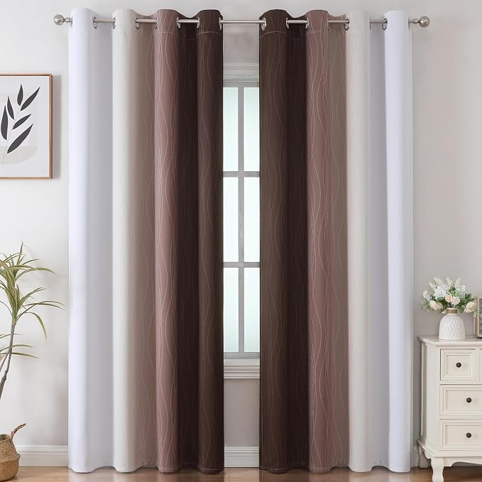 Brown and Greyish White Gradient Blackout Curtains 102 Inches Long - Image 2