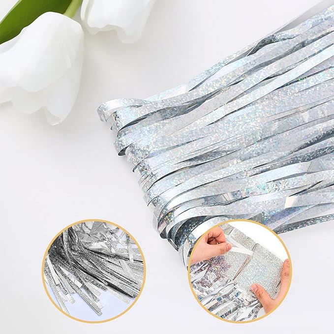 10 Pack Silver Backdrop Curtain 3.2ft x 8.2ft Metallic Tinsel Foil Fringe - Image 4