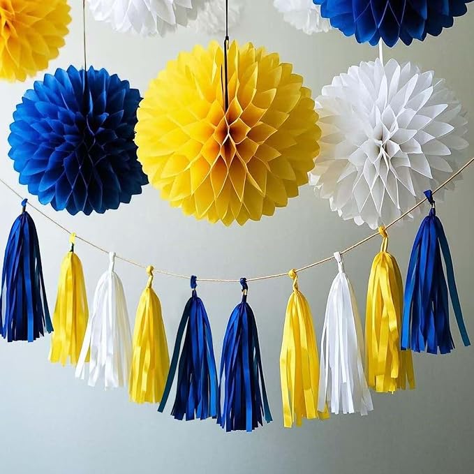Yellow White and Blue Tissue Paper Tassels 30pcs Streamers Party - Image 4