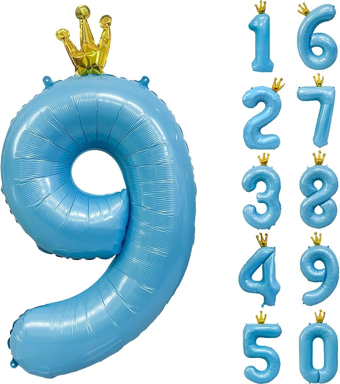 Blue Number 9 Balloon with Crown, 40 inch Blue Number Balloon 9th Birthday by Yeodong