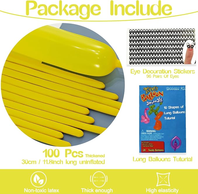 260 Balloons Yellow, Thickened 100 Pack Long Balloons Twisting Skinny Magic - Image 2