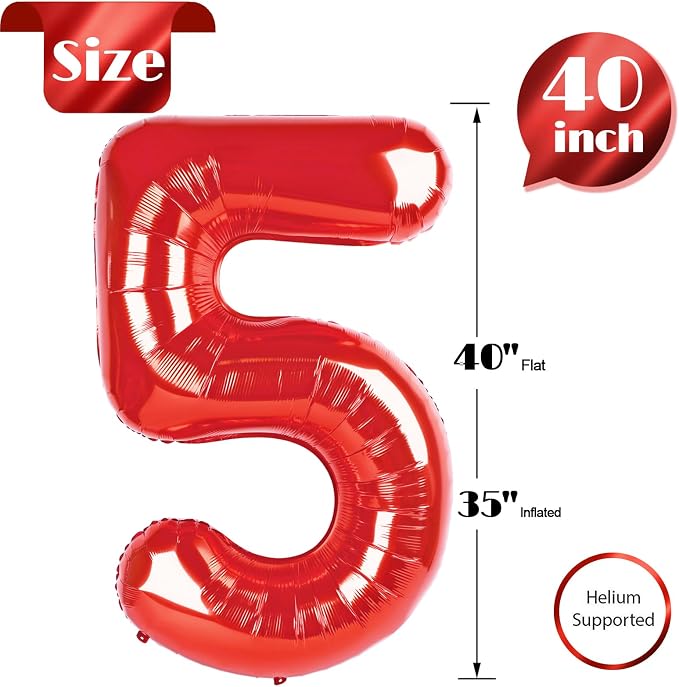 Red Number 5 Balloon 40 Inch, 5th Birthday Party Decorations Men Women | Foil - Image 5