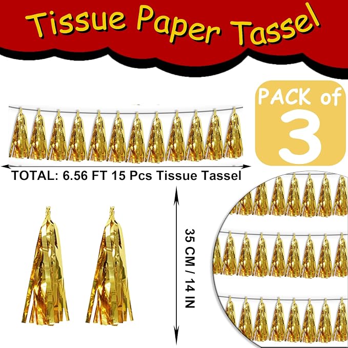 3P Gold Tassel Banner Garland Metallic Foil Fringe Banner Tinsel Tassels - Image 2