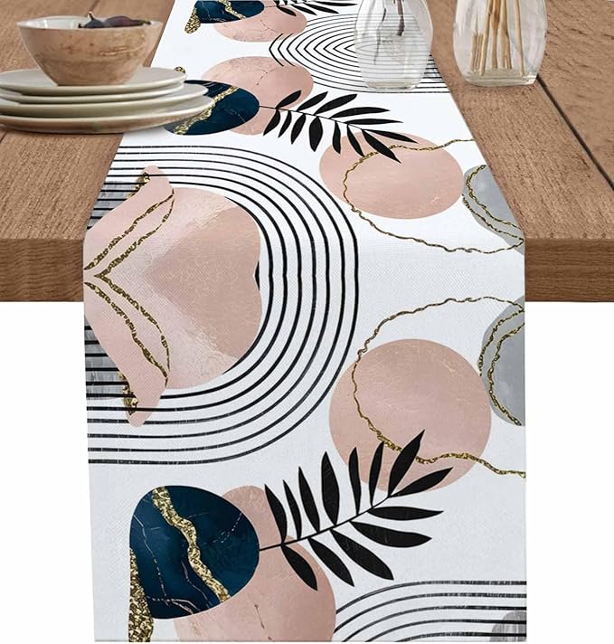 Modern Boho Cotton Linen Table Runner for Dining Kitchen, Wedding Outdoor Party Tablerunners Decoration, Abstract Bohemian Tropical Palm Leaf Dresser Scarf Coffee Tablecloth Runners 13x72 Inches