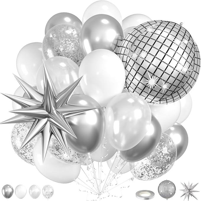 White And Silver Balloons, Pearl White Silver Balloons, Confetti Latex Balloon by Paready