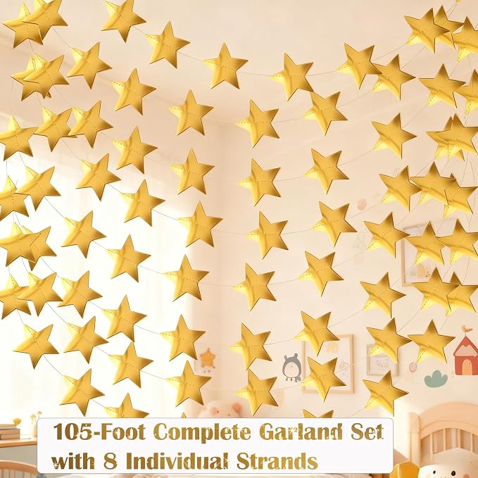 105 Feet Gold Star Garland, 8 Strands Glitter Paper Star String, 2.4 Inch - Image 3