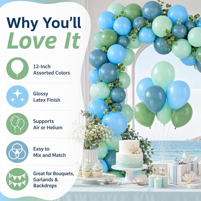 Blue and Green Balloons, Slate Blue Balloon Arch Kit, Baby Blue Light Green - Image 2