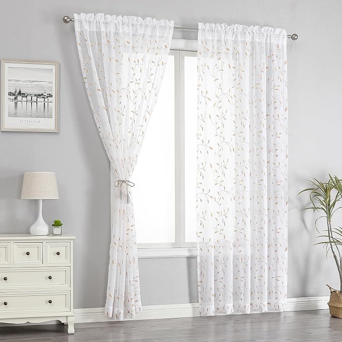 White Sheer Voile Curtains, Decorative Orange Leaves Embroidery Faux Linen Rod - Image 2