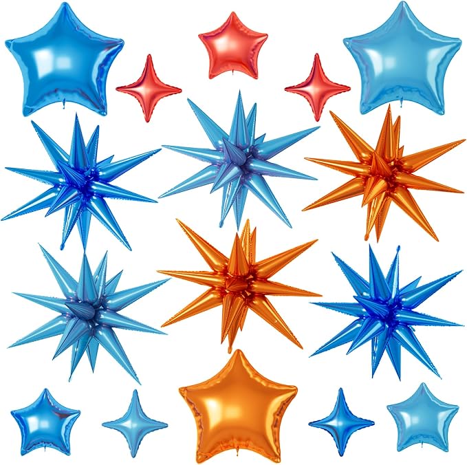 Orange and Blue Star Balloons, 22/18/10 Inch Foil Balloons, Four-Pointed Balloon by Sowide