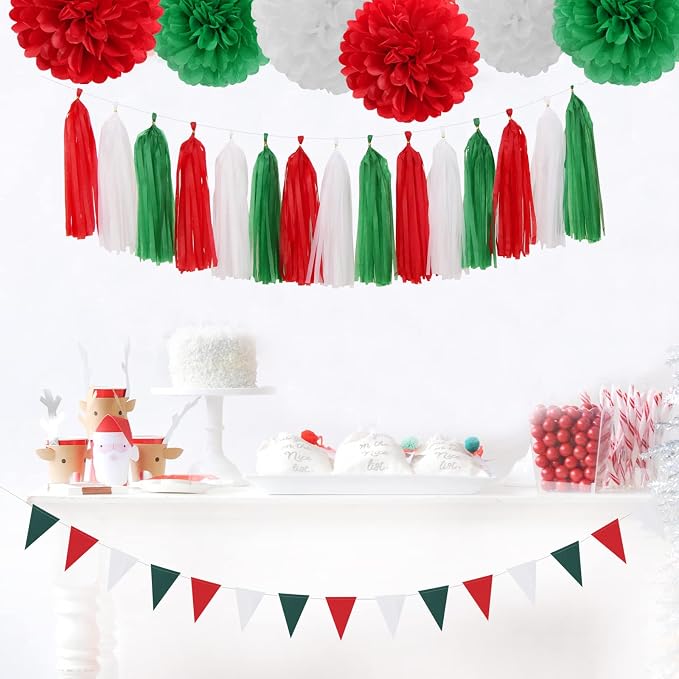 Red-Green White Christmas Party-Decorations Tassel-Garland -15pcs Mexico Italy - Image 5