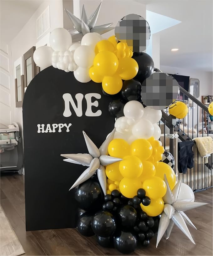 Black and Yellow White Balloon Arch Kit, 18 Inch Checkered Mylar Explosion Star - Image 5