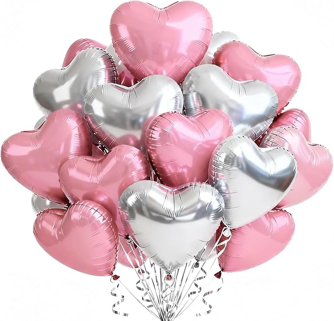 TONIFUL 30 Pcs Pink Silver Heart Balloons 18 Inch Heart Shape Foil Balloon | by TONIFUL