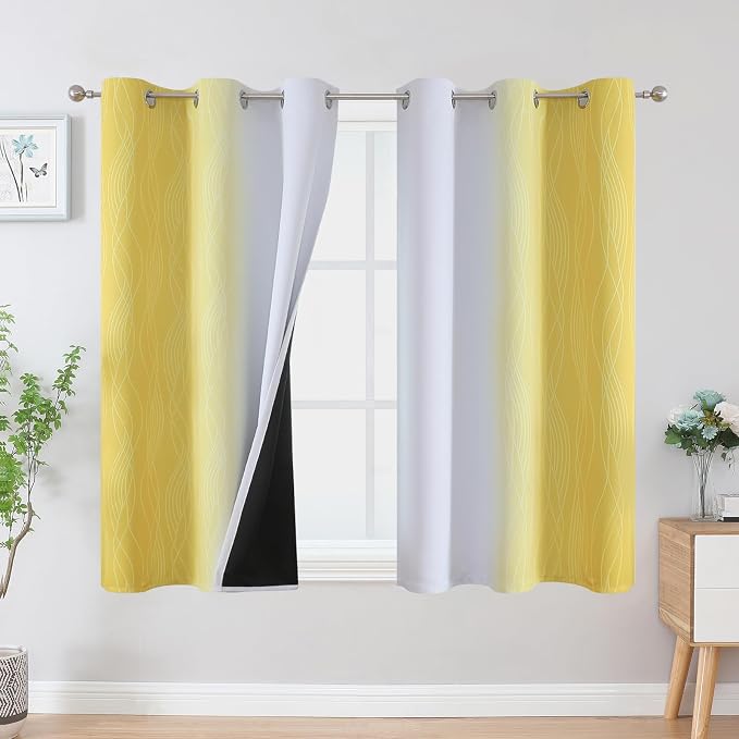 Yellow and Greyish White Ombre Blackout Curtains 45 Inch Length 2 Panels by ESTELARTEXTILER