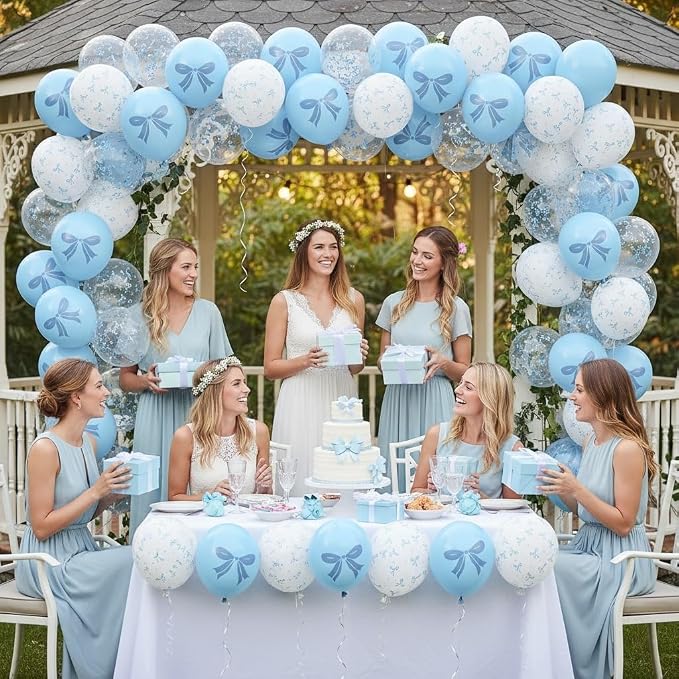 Blue and White Balloons Set, 12 Inch Light Baby Blue White Clear Bow Latex - Image 3
