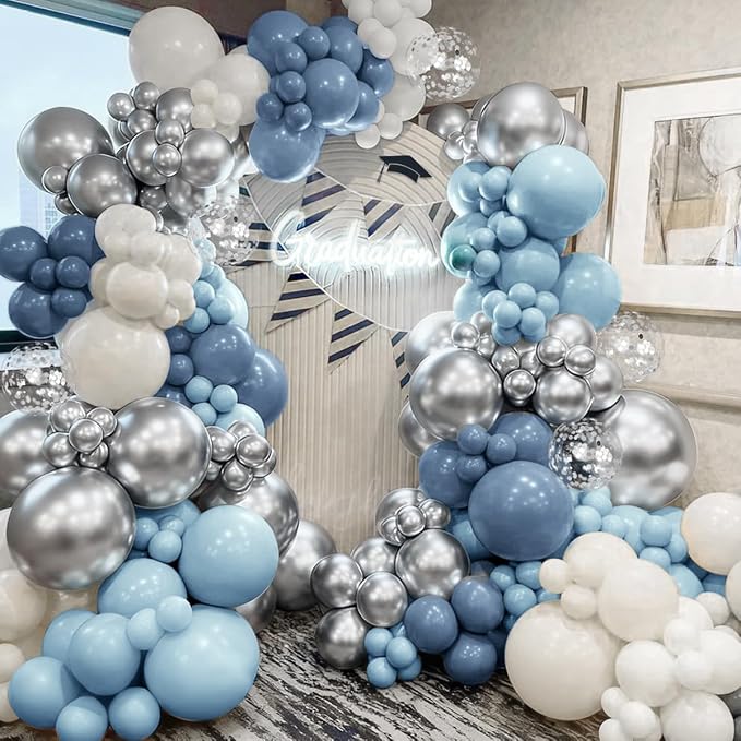 Dusty Blue White Silver Balloon Garland Arch Kit - Image 5