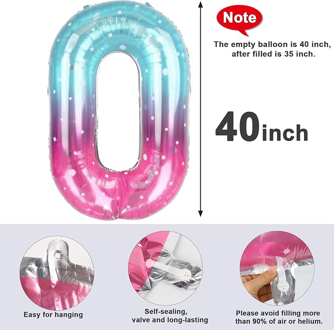 Number 0 Balloon Birthday Decorations, 40In Pink Purple Blue Balloons | - Image 5