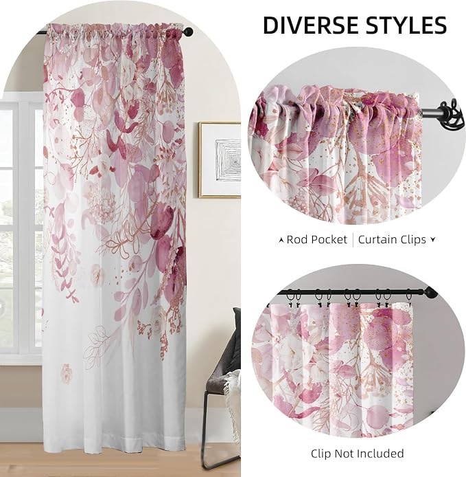 Pink Floral Leaf Sheer Curtains - Image 6