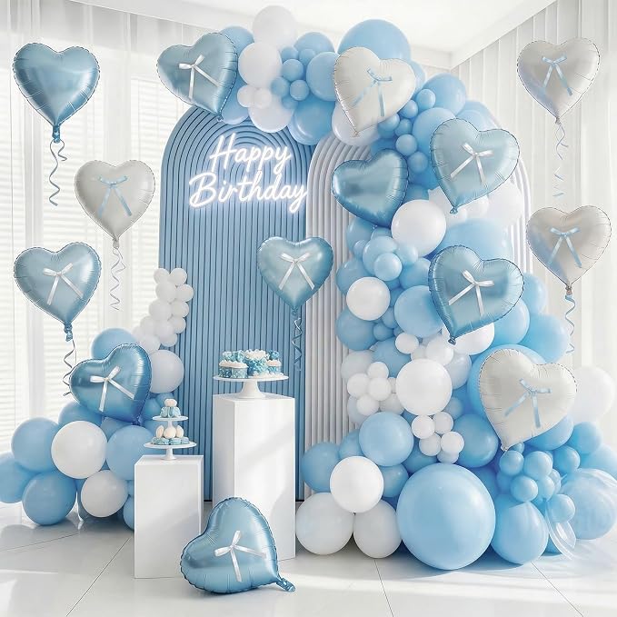 Blue White Heart Balloons with Ribbon Bow, 18 Inch Helium Balloon with Bow - Image 3