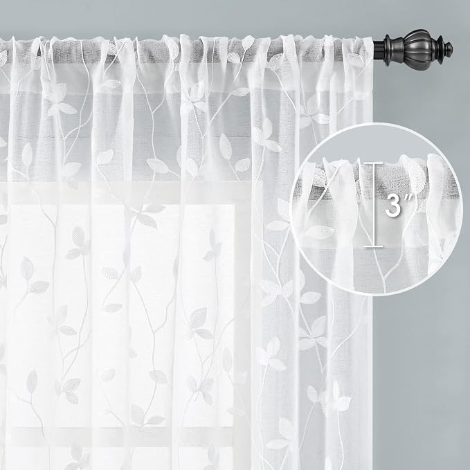 HOMEIDEAS White Sheer Curtains 2 Panels, Embroidered Vine Leaf, W52 x L96 | - Image 5