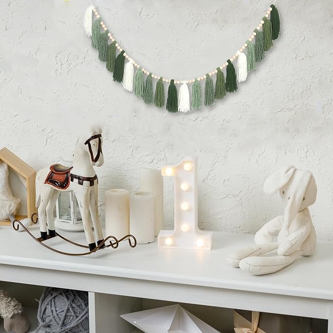 Green Boho Yarn Tassel Garland Sage Green Garland Wall Hanging Decor Forest - Image 7
