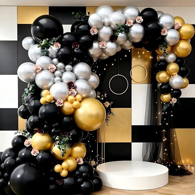 143Pcs Black Gold Silver Balloon Garland Arch Kit | Black Gold Silver Latex by Unknown