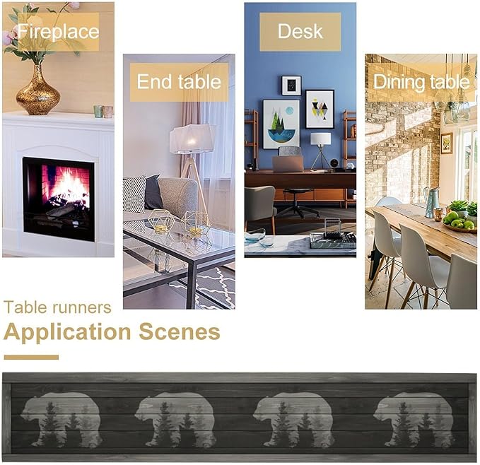 Rustic Country Bear Table Runner, Black Wood Wooden Cabin Wild Animals Hunting Table Cloth for Home Kitchen Dining Table Runner 13x108 Inch