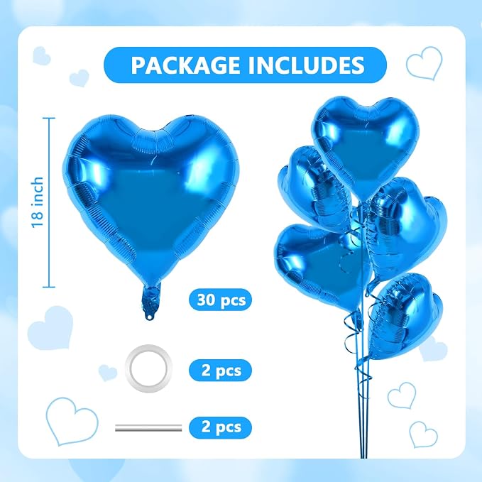 TONIFUL 30 Pcs Blue Heart Balloons 18 Inch Heart Shape Foil Mylar Balloons | - Image 2