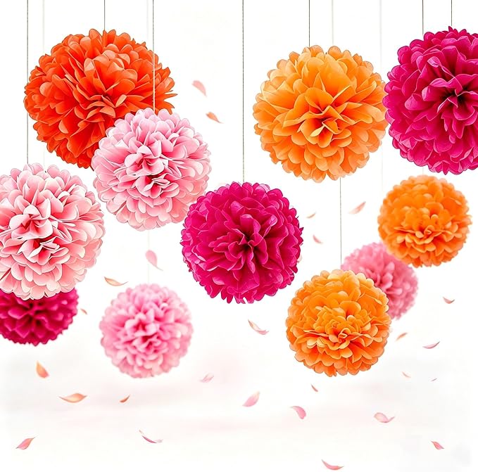 AimtoHome Pink Orange Tissue Paper Flower Pom Poms12pack Hanging Paper Pom Pom by AimtoHome