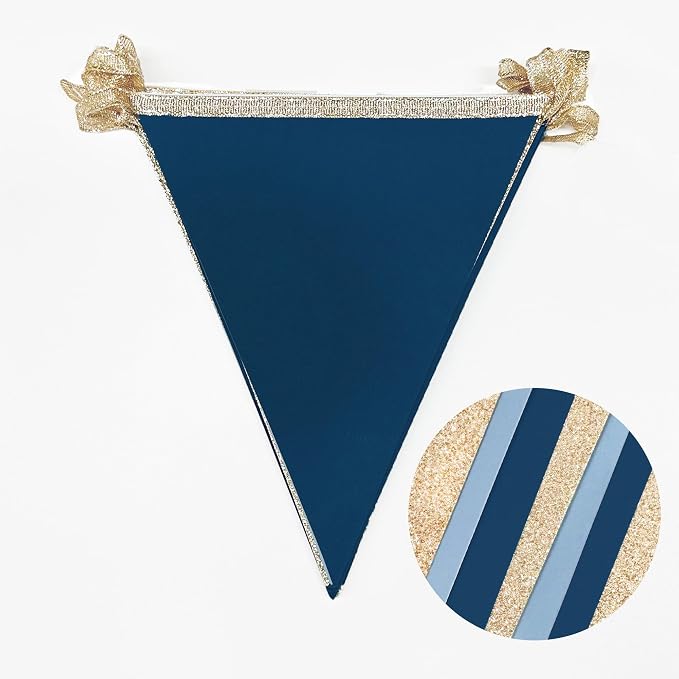 Champagne Gold Navy Blue Dusty Blue Pennant Banner Flag Hanging Paper Triangle - Image 3