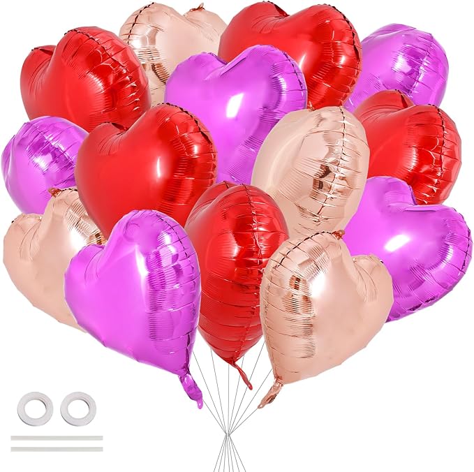 TONIFUL 30 Pcs 18 Inch Rose Gold Red Hot Pink Heart Shape Foil Balloons | by TONIFUL