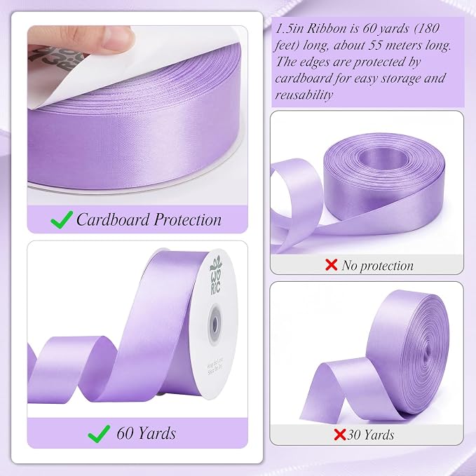 woric Lavender Satin Ribbon 1 1/2 Inch 50 Yards Light Purple Ribbon | Polyester - Image 3