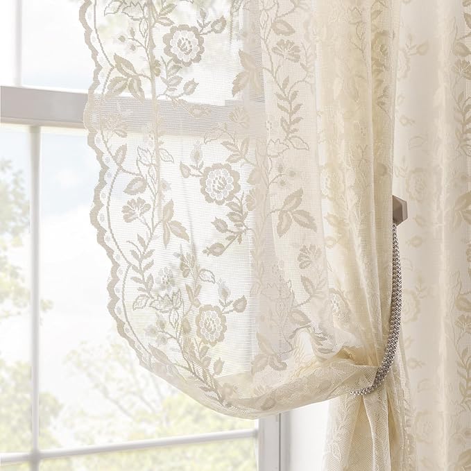 FINECITY Beige Lace Curtains Rustic Leaf Floral 42 x 84 Inch, 2 Panels | Rod by FINECITY