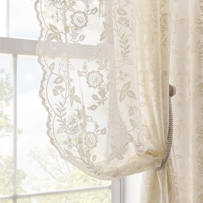 Beige Lace Curtains for Bedroom Rustic Leaf Floral 42 x 63 Inch 2 Panels | Rod by FINECITY