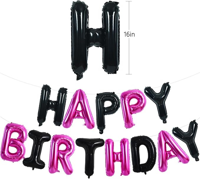 TONIFUL Black Hot Pink Happy Birthday Balloon Banner Decor - Image 2