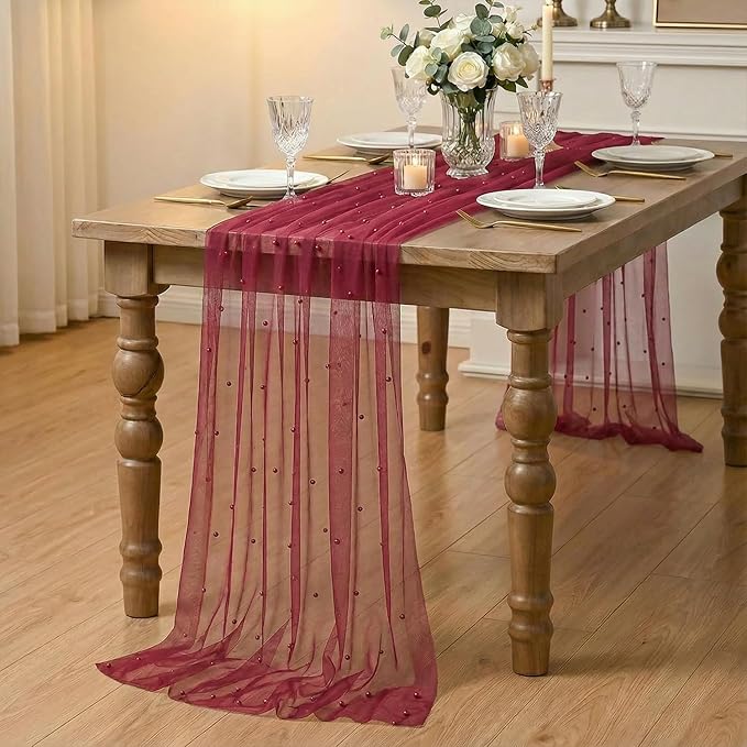Artoid Mode 3PCS Pearl Burgundy Gauze Table Runner 120 Inch 10FT, Seasonal - Image 6