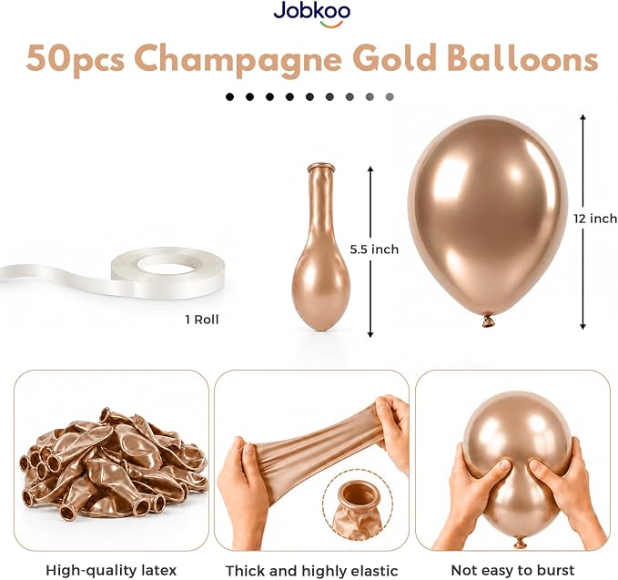 Jobkoo Metallic Champagne Gold Balloons, 12 Inch Chrome Light Gold Balloon | - Image 2