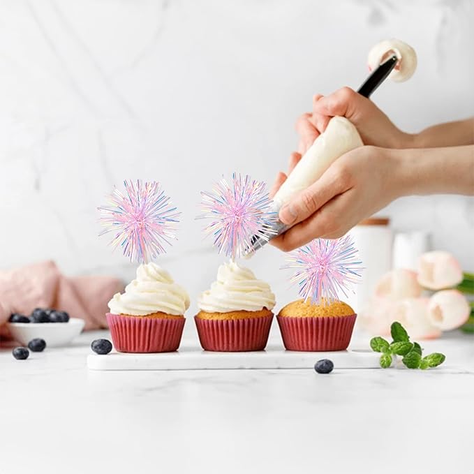 Gyufise 30Pcs Foil Firework Cupcake Toppers Sparkle Tinsel Cake Toppers Tinsel - Image 5