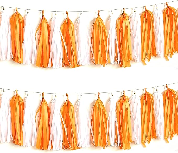 We Moment Orange and White Tassel Garland，Tissue Tassel Banner by We+Moment