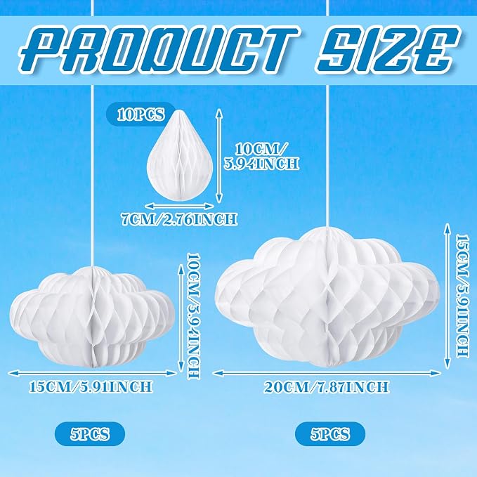 Affrolling 20 Pcs 3D Cloud Decorations Raindrop Decorations Hanging Honeycomb - Image 3
